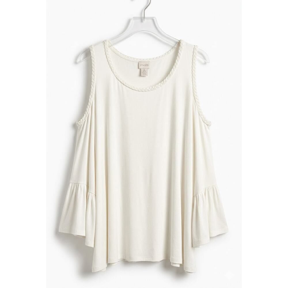 UGC Chico's White Cold Shoulder Bell Sleeve Blouse Braided Trim Boho Flowy Top L